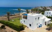 Modern white holiday villa in Cyprus with palm trees, overlooking the ocean.