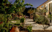 Garden path at Villa Aura, Nicosia with lush greenery and evening lights