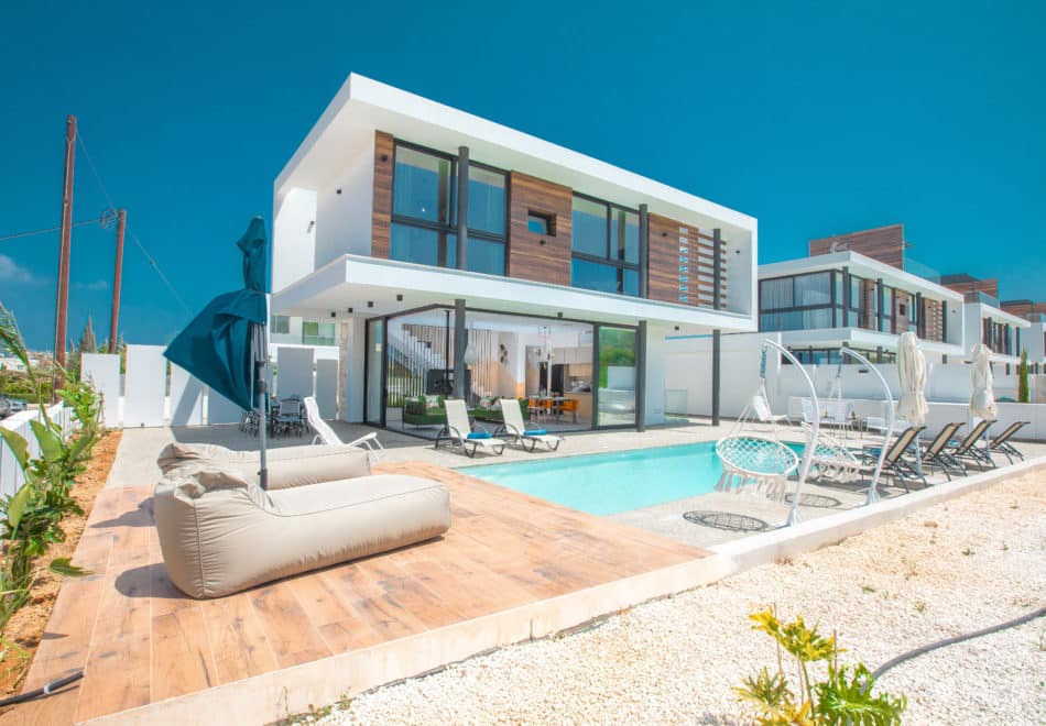 modern Cyprus Villas Rentalsvilla with pool in contemporary residential neighbourhood.